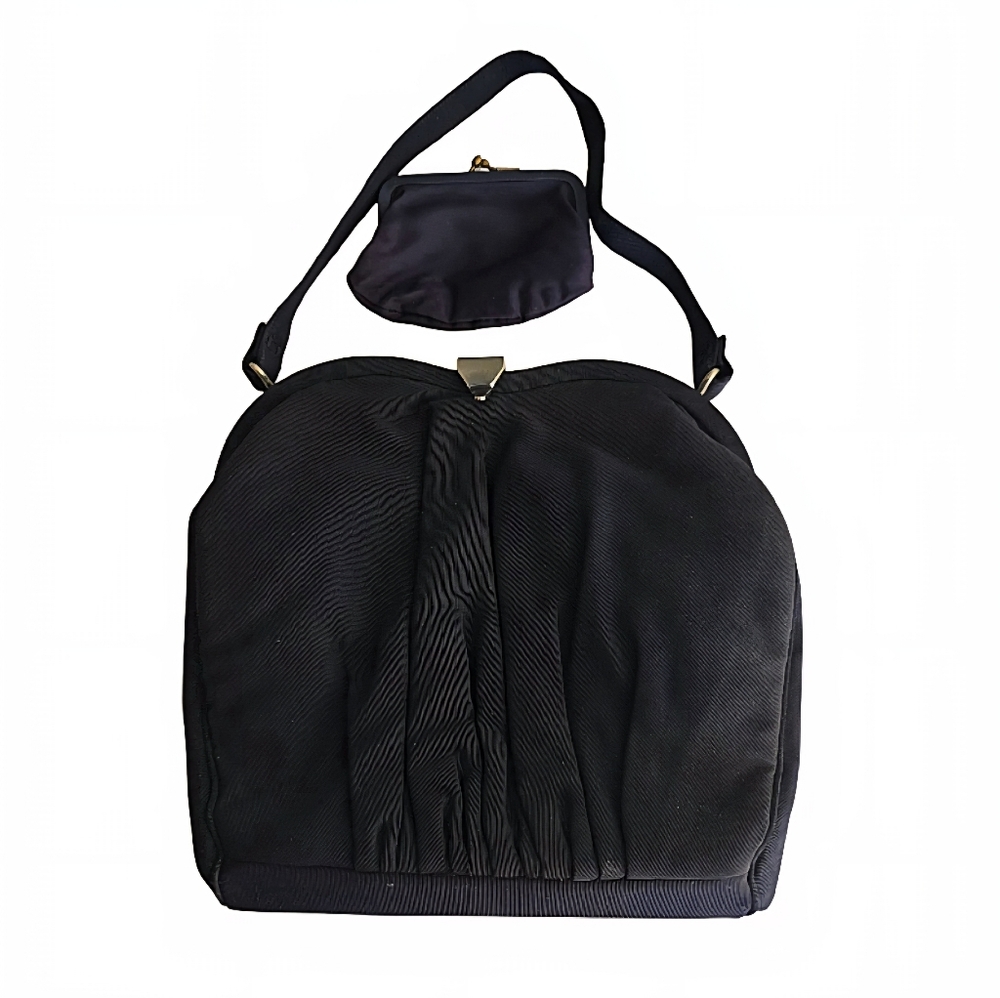Vintage Sweetheart Handbag Dark Navy Fabric Pleated Bag w/ Bonus Coin Purse